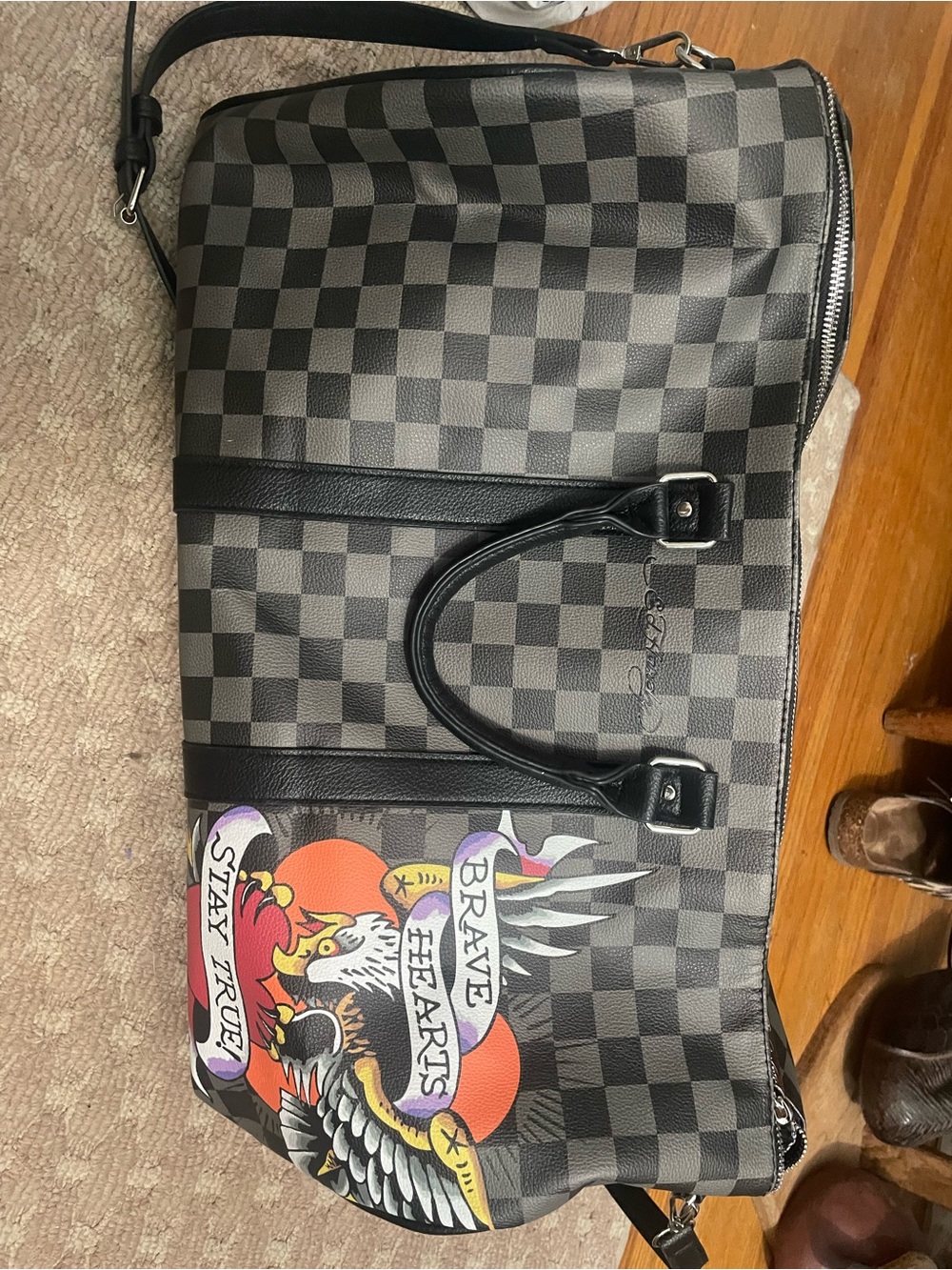 Ed Hardy Black and Gray Checker Duffel with Colorful Graphic Patch